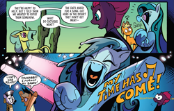Size: 1491x954 | Tagged: safe, artist:andypriceart, idw, applejack, cactus rose, medley brook, tempest shadow, zecora, abada, earth pony, kelpie, pony, unicorn, zebra, g4, season 10, spoiler:comic, spoiler:comic91, armpits, black sclera, broken horn, cactus, cropped, female, horn, imminent singing, laughing, mare, question mark, singing, spotlight