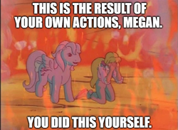 Size: 665x486 | Tagged: safe, edit, edited screencap, screencap, megan williams, wind whistler, human, pony, g1, my little pony 'n friends, the magic coins, caption, fire, guilty, image macro, megan's fire, text