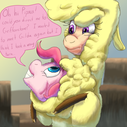 Size: 1584x1584 | Tagged: safe, artist:firefanatic, paprika (tfh), pinkie pie, them's fightin' herds, g4, chest fluff, community related, confused, cute, dialogue, fluffy, hammerspace hair, pinkie being pinkie, smiling