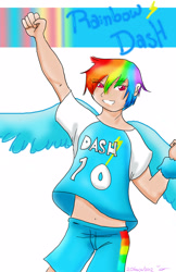 Size: 1970x3045 | Tagged: safe, artist:ruzovymonster, rainbow dash, human, g4, belly button, humanized, winged humanization, wings