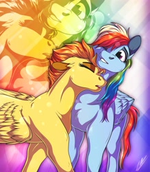Size: 3500x4000 | Tagged: safe, artist:lupiarts, rainbow dash, spitfire, pegasus, pony, g4, comfort, cuddling, eyes closed, female, grin, high res, lesbian, mare, one eye closed, open mouth, ship:spitdash, shipping, smiling, zoom layer