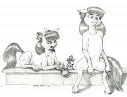 Size: 1400x1072 | Tagged: safe, artist:baron engel, apple bloom, oc, oc:king trafalgar maximilian augustus leopold iii, earth pony, mouse, pony, g4, cloven hooves, doppelganger, female, male, monochrome, open mouth, pencil drawing, story in the source, traditional art
