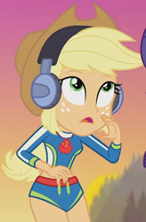 Size: 994x1515 | Tagged: safe, screencap, applejack, equestria girls, g4, lost and found, my little pony equestria girls: better together, applejack's beach shorts swimsuit, beach shorts swimsuit, bikini, clothes, cropped, female, geode of super strength, headphones, magical geodes, solo, swimsuit