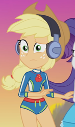 Size: 924x1571 | Tagged: safe, screencap, applejack, rarity, equestria girls, g4, lost and found, my little pony equestria girls: better together, applejack's beach shorts swimsuit, beach shorts swimsuit, bikini, clothes, cropped, female, geode of super strength, headphones, magical geodes, solo focus, swimsuit