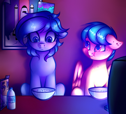 Size: 3788x3419 | Tagged: safe, artist:vetta, oc, oc only, oc:apogee, oc:mlb, pegasus, pony, cereal, cereal box, female, floppy ears, food, high res, milk, pegasus oc, scrunchy face, sitting, television, wings