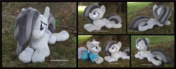 Size: 4425x1754 | Tagged: safe, artist:peruserofpieces, marble pie, maud pie, earth pony, pony, g4, beanie (plushie), clothes, dress, female, hair over one eye, irl, looking at you, lying down, mare, multiple views, photo, plushie, prone, siblings, sisters, smiling, smiling at you, tree