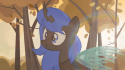 Size: 3840x2160 | Tagged: safe, artist:brutalweather studio, oc, oc only, oc:blue visions, changeling, g4, absurd file size, animated, autumn, blue changeling, commission, cute, female, high res, leaves, ocbetes, pony eyes, scrunchy face, show accurate, solo, sound, tree, webm, ych result
