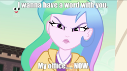 Size: 800x451 | Tagged: safe, edit, edited screencap, screencap, princess celestia, principal celestia, blizzard or bust, equestria girls, equestria girls series, g4, holidays unwrapped, spoiler:eqg series (season 2), angry, brooch, caption, celestia is not amused, cutie mark accessory, cutie mark brooch, furrowed brow, imminent punishment, jewelry, looking at you, meme, narrowed eyes, plusplus, text, this will end in detention, uh oh, unamused