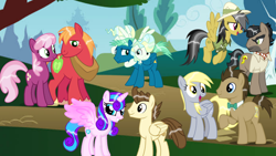 Size: 1280x720 | Tagged: safe, big macintosh, cheerilee, daring do, derpy hooves, doctor caballeron, doctor whooves, pound cake, princess flurry heart, sky stinger, time turner, vapor trail, alicorn, earth pony, pegasus, pony, g4, ascot tie, bowtie, clothes, female, flying, folded wings, hat, male, older, older flurry heart, older pound cake, pith helmet, ship:cheerimac, ship:daballeron, ship:doctorderpy, ship:poundflurry, ship:vaporsky, shipping, shirt, spread wings, stallion, straight, wing hole, wings