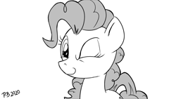 Size: 1200x675 | Tagged: safe, artist:pony-berserker, pinkie pie, earth pony, pony, pony-berserker's twitter sketches, g4, female, halftone, looking at you, mare, monochrome, one eye closed, smiling, solo, wink