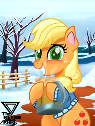 Size: 1800x2368 | Tagged: safe, artist:theretroart88, applejack, earth pony, pony, g4, blushing, cider, clothes, cottagecore, cute, freckles, jackabetes, looking at you, solo, winter outfit