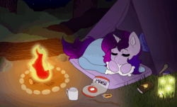 Size: 600x363 | Tagged: safe, artist:kisaradoesart16, oc, oc only, oc:cosmic star, alicorn, firefly (insect), insect, pony, animated, campfire, camping, cute, fire, gif, night, ocbetes, shooting star, sleeping, solo, tent