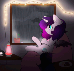 Size: 1200x1148 | Tagged: safe, artist:kisaradoesart16, oc, oc only, oc:cosmic star, alicorn, pony, absurd file size, absurd gif size, alicorn oc, animated, coffee, female, gif, horn, lava lamp, lightning, mare, music notes, rain, solo, storm, window, wings