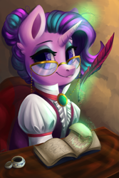 Size: 6000x9000 | Tagged: safe, artist:faline-art, starlight glimmer, pony, unicorn, g4, absurd resolution, alternate hairstyle, book, clothes, desk, female, glasses, glowing horn, hair bun, headmare starlight, horn, quill, quill pen, smiling, solo