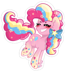 Size: 2480x2639 | Tagged: safe, artist:minty joy, pinkie pie, earth pony, pony, g4, twilight's kingdom, blushing, blushing profusely, chest fluff, cute, ear fluff, ethereal mane, flying, glossy, grin, heart eyes, high res, leg fluff, ponk, rainbow power, reflection, shiny, simple background, smiling, solo, starry eyes, starry mane, stars, sticker, transparent background, wingding eyes