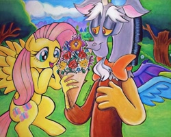 Size: 1144x916 | Tagged: safe, artist:tiger-of-my-eye, discord, fluttershy, draconequus, pegasus, pony, g4, amazed, bouquet, bowtie, duo, female, flower, holding, looking at something, male, mare, open mouth, outdoors, ship:discoshy, shipping, singing, smiling, spread wings, straight, traditional art, tree, wings