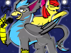 Size: 2048x1536 | Tagged: safe, artist:artmama113, apple bloom, oc, oc:blackgryph0n, earth pony, griffon, pony, g4, female, filly, griffon oc, headworn microphone, michelle creber, microphone, night, stars, voice actor reference