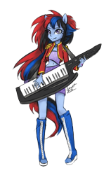 Size: 683x1080 | Tagged: safe, artist:elisdoominika, oc, oc only, oc:synthia, equestria girls, g4, belly button, clothes, dress, female, full body, keytar, musical instrument, playing instrument, purple eyes, simple background, smiling, solo, transparent background