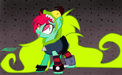 Size: 1450x900 | Tagged: safe, artist:crystalcontemplator, earth pony, pony, :p, clothes, costume, demencia, heterochromia, ponified, signature, tongue out, villainous