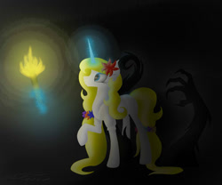 Size: 1200x1000 | Tagged: safe, artist:crystalcontemplator, oc, oc only, pony, unicorn, female, flower, flower in hair, glowing horn, horn, magic, mare, raised hoof, shadow, solo, telekinesis, torch