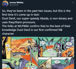 Size: 598x544 | Tagged: safe, idw, dust devil (idw), abada, bird, roc, g4, spoiler:comic, canon, comments locked down, debate in the comments, jeremy whitley, meta, nonbinary, text, twitter