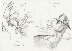 Size: 2000x1440 | Tagged: safe, artist:lady-limule, oc, oc only, pegasus, pony, duo, grayscale, hat, inktober 2016, lineart, looking back, monochrome, pegasus oc, traditional art, wings