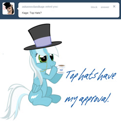 Size: 970x976 | Tagged: safe, artist:ask-fleetfoot, fleetfoot, pegasus, pony, g4, alternate hairstyle, ask-fleetfoot, blue coat, blue mane, blue tail, cup, female, green eyes, hat, mare, monocle, show accurate, solo, tail, teacup, top hat, two toned mane, white mane, white tail, wings