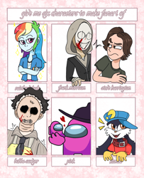 Size: 1558x1917 | Tagged: safe, artist:pumpkiwi, rainbow dash, human, anthro, equestria girls, g4, among us, clothes, crossed arms, crossover, dead by daylight, female, hat, heart, klonoa, male, mask, six fanarts, smiling, stranger things, the texas chainsaw massacre