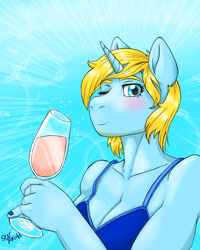 Size: 1024x1280 | Tagged: safe, artist:star kidd, oc, oc only, oc:skydreams, unicorn, anthro, abstract background, alcohol, bikini, bikini top, blushing, champagne, champagne glass, clothes, feather, female, looking at you, mare, one eye closed, solo, sparkles, swimsuit, wine, wink, winking at you