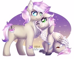 Size: 3264x2600 | Tagged: safe, artist:8bitgalaxy, oc, oc only, oc:coco meringue, oc:razz meringue, earth pony, pegasus, pony, bandage, chest fluff, duo, heterochromia, high res, sitting, smiling, twins