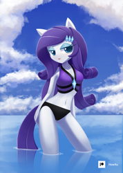 Size: 1000x1407 | Tagged: safe, artist:howxu, rarity, anthro, g4, adorasexy, beach shorts swimsuit, belly button, bikini, breasts, busty rarity, cleavage, clothes, cloud, cute, female, jeweled swimsuit, lipstick, looking at you, patreon, patreon logo, raribetes, rarity's beach shorts swimsuit, rarity's purple bikini, sexy, sky, solo, standing in water, swimsuit, water