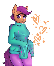 Size: 3000x3631 | Tagged: safe, artist:ranillopa, scootaloo, anthro, g4, breasts, busty scootaloo, clothes, high res, long sleeves, simple background, sweater, white background