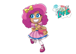 Size: 2039x1447 | Tagged: safe, artist:theladysknight, pinkie pie, human, g4.5, my little pony: pony life, alternate hairstyle, belt, bow, bowl, bowtie, bracelet, clothes, dough, dress, ear piercing, earring, eyeshadow, female, grin, hair bow, humanized, jewelry, lipstick, makeup, mary janes, piercing, shoes, simple background, skirt, smiling, socks, solo, spoon, stockings, thigh highs, transparent background, wooden spoon