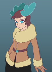 Size: 1869x2616 | Tagged: safe, artist:sneetymist, velvet (tfh), human, them's fightin' herds, clothes, community related, female, fur coat, horn, horned humanization, humanized, jacket, looking at you, parka, simple background, solo, winter coat, winter outfit