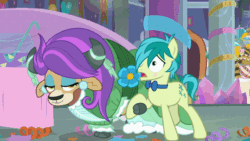 Size: 1280x724 | Tagged: safe, screencap, sandbar, yona, earth pony, pony, yak, g4, she's all yak, alternate hairstyle, blushing, bowtie, clothes, cloven hooves, dress, ear piercing, earring, female, gif, jewelry, male, non-animated gif, piercing, shipping, wig