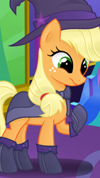 Size: 1080x1920 | Tagged: safe, artist:sallyso, applejack, earth pony, pony, g4, boots, cape, clothes, female, freckles, gloves, hat, mare, raised hoof, shoes, solo, twilight's castle, witch, witch costume, witch hat