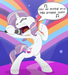 Size: 1900x2110 | Tagged: safe, artist:grapefruitface1, potion nova, pony, unicorn, g4.5, my little pony: pony life, base used, bipedal, blue oyster cult, microphone, pony life accurate, rainbow, rock (music), show accurate, singing, song reference, standing