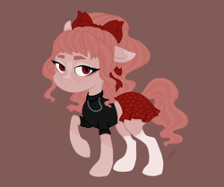 Size: 982x819 | Tagged: safe, pony, bangs, chains, clothes, coat markings, red eyes, ribbon, simple background, skirt, smiling, smirk, socks, socks (coat markings), thighs