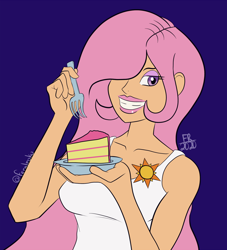 Size: 1320x1452 | Tagged: safe, artist:feralroku, princess celestia, human, g4, blue background, cake, food, fork, hair over one eye, humanized, national princess day, plate, simple background, smiling, solo, young celestia