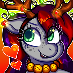 Size: 500x500 | Tagged: safe, oc, oc only, oc:evening prose, pegasus, pony, antlers, bells, christmas, christmas lights, female, freckles, hearth's warming eve, holiday, mare, reindeer antlers, solo