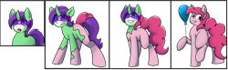 Size: 4096x1254 | Tagged: safe, artist:askhypnoswirl, pinkie pie, oc, oc:crescent star, crystal pony, crystal unicorn, earth pony, pony, unicorn, g4, balloon, bubble berry, character to character, grin, hypnogear, hypnosis, male, rule 63, sequence, simple background, smiling, stallion, swirly eyes, transformation, transparent background