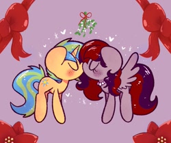 Size: 1043x872 | Tagged: safe, artist:typhwosion, oc, oc only, oc:sunrise sentry, pegasus, pony, unicorn, christmas, commission, couple, duo, eyes closed, female, freckles, hearth's warming eve, holiday, jewelry, kissing, male, mare, mistletoe, necklace, pearl necklace, shipping, stallion, ych result