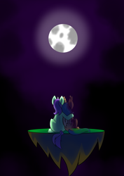 Size: 2480x3508 | Tagged: safe, artist:askhypnoswirl, oc, oc only, oc:crescent star, oc:kavidun, bat pony, crystal pony, crystal unicorn, ghost, pony, undead, unicorn, cuddling, fading, female, floating island, high res, male, mare, moon, rest in peace, sad, stallion, void
