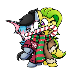 Size: 1240x1240 | Tagged: safe, artist:sugar morning, oc, oc only, oc:bit assembly, oc:starskipper, bat pony, earth pony, pony, candy, candy cane, clothes, cute, food, jacket, oc x oc, scarf, shared clothing, shared scarf, shipping, simple background, squishy cheeks, sweater, transparent background