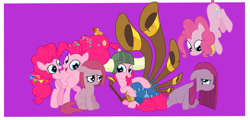 Size: 5217x2500 | Tagged: safe, artist:squipycheetah, part of a set, pinkie pie, earth pony, pony, g4, the last problem, yakity-sax, annoyed, bagpipes, cute, duality, element of laughter, female, filly, filly pinkie pie, grumpy, happy, helmet, honorary yak horns, horned helmet, looking back, looking down, looking up, mare, multeity, musical instrument, older, older pinkie pie, open mouth, pinkamena diane pie, pinkie being pinkie, purple background, raised hoof, self paradox, self ponidox, simple background, sitting, smiling, time paradox, too much pink energy is dangerous, viking helmet, younger, yovidaphone