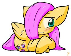 Size: 763x600 | Tagged: safe, artist:zutcha, fluttershy, pegasus, pony, g4, blushing, colored pupils, crossed hooves, cute, female, folded wings, hair over one eye, looking away, looking sideways, lying down, mare, outline, prone, shyabetes, simple background, solo, transparent background, white outline, wings