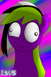 Size: 1080x1608 | Tagged: safe, artist:linasnake, pony, abstract background, big eyes, crazy face, faic, halfbody, pony oc, signature, smiling