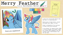 Size: 5333x3000 | Tagged: safe, artist:suspega, oc, oc only, oc:merrifeather, pegasus, pony, blue coat, cutie mark, implied reformation, implied vore, jewelry, leonine tail, looking at camera, necklace, pegasus oc, polaroid, profile, reference sheet, sand, scrapbook, smiling, solo, spread wings, tent, two toned mane, two toned wings, underhoof, vial, waving, wings