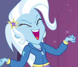 Size: 824x708 | Tagged: safe, screencap, trixie, equestria girls, g4, my little pony equestria girls: rainbow rocks, clothes, female, happy, hoodie, laughing, open mouth, pure unfiltered evil, smiling, solo