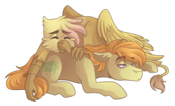 Size: 3300x2000 | Tagged: safe, artist:monnarcha, oc, oc:beamshot, oc:golden plume, earth pony, griffon, pony, high res, lying down, male, prone, simple background, stallion, transparent background